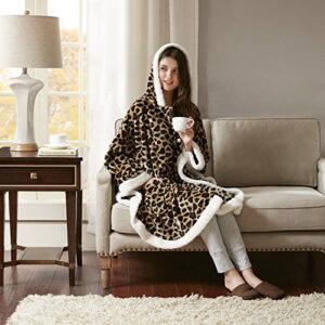 comfort spaces glimmersoft plush to sherpa pocket hooded angel wrap ultra soft wearable poncho blanket throw, 58"x72", leopard