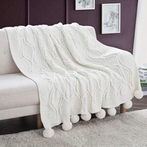 revdomfly chenille knitted throw blanket with pom poms, fuzzy & fluffy couch cover decorative knit blanket for sofa bed, 51.2" x 63", white