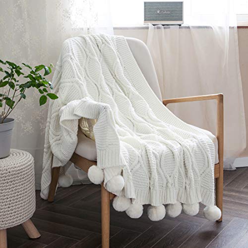 Revdomfly Chenille Knitted Throw Blanket with Pom Poms, Fuzzy & Fluffy Couch Cover Decorative Knit Blanket for Sofa Bed, 51.2" x 63", White