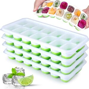 silicone ice cube tray, 4 pack easy-release & flexible 14-ice cube trays with spill-resistant removable lid, stackable ice trays with covers for freezer, cocktail (green)