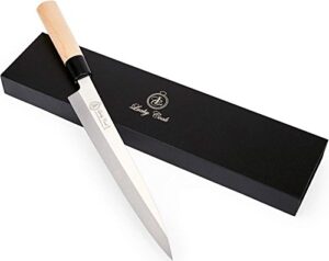 lucky cook sashimi sushi knife 10 inch - perfect knife for cutting sushi & sashimi, fish filleting & slicing - very sharp stainless steel blade & traditional wooden handle + gift box