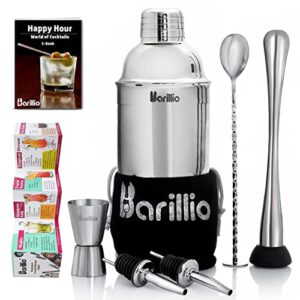 barillio elite cocktail shaker set bartender kit 24 oz stainless steel martini mixer, muddler, mixing spoon, jigger, 2 liquor pourers, velvet bag, recipes booklet & ebook
