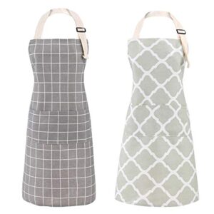 tosewever 2 pieces cotton linen waterproof bib kitchen apron with pockets - long ties adjustable neck strap - unisex bbq cooking drawing crafting aprons for women chef (grey/green, 2)