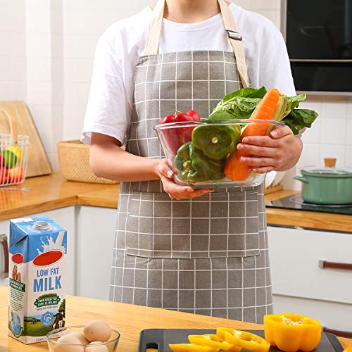 Tosewever 2 Pieces Cotton Linen Waterproof Bib Kitchen Apron with Pockets - Long Ties Adjustable Neck Strap - Unisex BBQ Cooking Drawing Crafting Aprons for Women Chef (Grey/Green, 2)