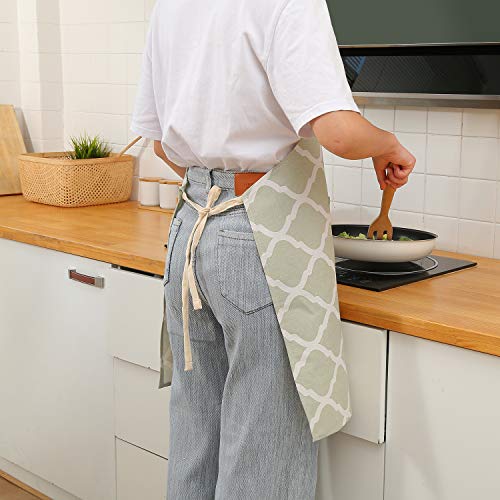 Tosewever 2 Pieces Cotton Linen Waterproof Bib Kitchen Apron with Pockets - Long Ties Adjustable Neck Strap - Unisex BBQ Cooking Drawing Crafting Aprons for Women Chef (Grey/Green, 2)