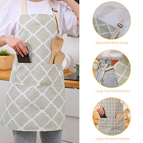 Tosewever 2 Pieces Cotton Linen Waterproof Bib Kitchen Apron with Pockets - Long Ties Adjustable Neck Strap - Unisex BBQ Cooking Drawing Crafting Aprons for Women Chef (Grey/Green, 2)