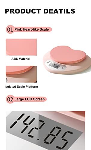 YRY Pink Kitchen Scale - Large LCD Display, Tare Function, 11 lbs(5kg) Capacity, 0.03 oz.(1g) Precise Graduation, ML and Oz Unit for Liquids and Solids - Ideal Food Scale for Baking & Cooking (5kg/1g)