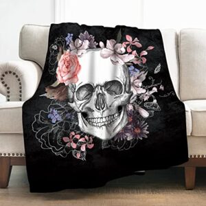 levens skull blanket gifts for women girls boys, beautiful flowers plants decoration for home bedroom lounge office, soft comfortable fluffy lightweight throw plush blankets 50"x60"