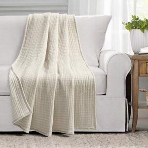 lush decor solid kantha pick stitch yarn dyed cotton woven throw blanket, 60" x 50", neutral & off-white