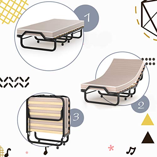 Renatone Folding Bed w/ 4” Mattress, Portable Guest Bed w/Memory Foam Mattress & Sturdy Metal Frame, Cot Size Rollaway Bed for Adults (Wood)