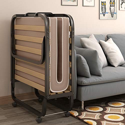 Renatone Folding Bed w/ 4” Mattress, Portable Guest Bed w/Memory Foam Mattress & Sturdy Metal Frame, Cot Size Rollaway Bed for Adults (Wood)