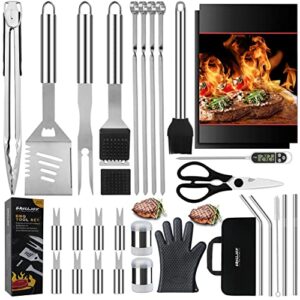grilljoy 31pc heavy duty bbq grilling accessories grill tools set - stainless steel grilling kit with storage bag for camping, tailgating - perfect barbecue utensil gift for men women