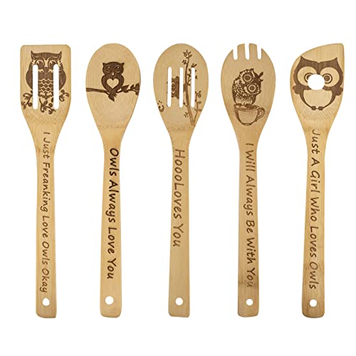 5PCS Owl Wooden Cooking Spoons,Owl Gifts,Owl Kitchen Gifts,Owl Gift,Cat Mom Gifts,Owl Decor,Owl Gifts for Owl Lovers,Owl Gifts for Women,Bamboo Cooking Spoons Housewarming Wedding Cooking