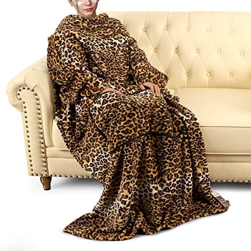 MACEVIA Travel Blanket with Sleeve for Women Men Adult Wearable Blanket Warm Cozy Super Soft Sleeved Throw with Arm 2 in 1 Blanket Pillow for Airplane Train Camping Travel Watching TV - Leopard Print