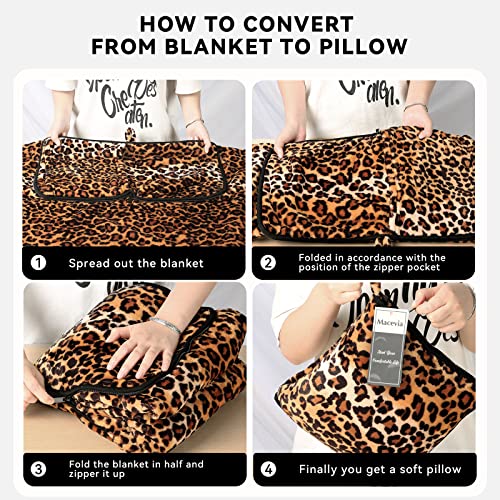 MACEVIA Travel Blanket with Sleeve for Women Men Adult Wearable Blanket Warm Cozy Super Soft Sleeved Throw with Arm 2 in 1 Blanket Pillow for Airplane Train Camping Travel Watching TV - Leopard Print