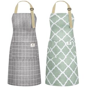 nlus 2 pieces cotton linen waterproof cooking aprons, kitchen apron with adjustable neck strap and long ties, cooking aprons with pockets for women/men(grey/green)