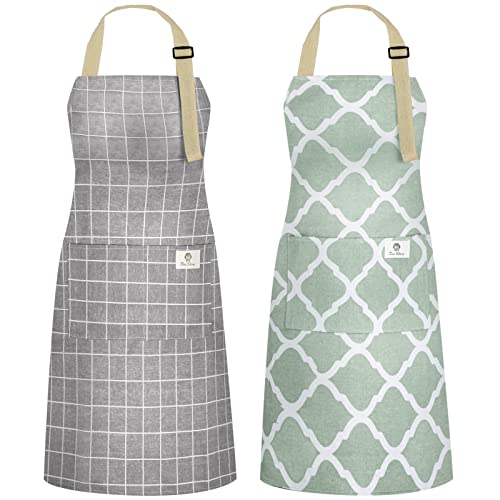 NLUS 2 Pieces Cotton Linen Waterproof Cooking Aprons, Kitchen Apron with Adjustable Neck Strap and Long Ties, Cooking Aprons with Pockets for Women/Men(Grey/Green)