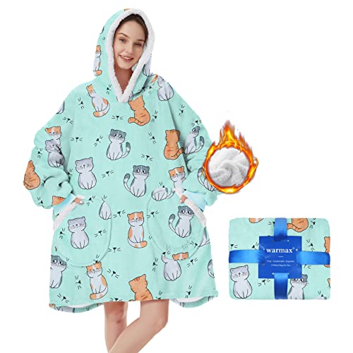 Durio Wearable Blanket Hoodie Cute Patterns Blanket Sweatshirt for Women Men Sherpa Fleece Hooded Blanket Hooded Sweatshirt Cat One Size