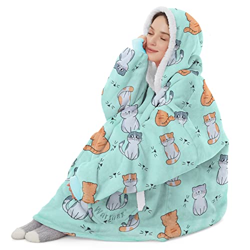 Durio Wearable Blanket Hoodie Cute Patterns Blanket Sweatshirt for Women Men Sherpa Fleece Hooded Blanket Hooded Sweatshirt Cat One Size