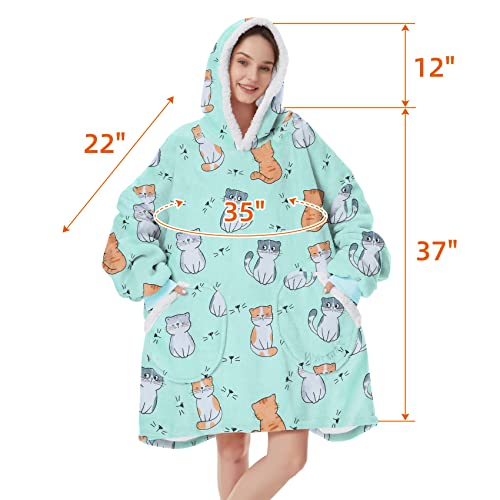 Durio Wearable Blanket Hoodie Cute Patterns Blanket Sweatshirt for Women Men Sherpa Fleece Hooded Blanket Hooded Sweatshirt Cat One Size