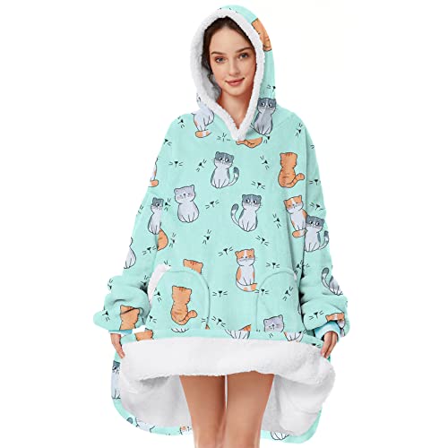 Durio Wearable Blanket Hoodie Cute Patterns Blanket Sweatshirt for Women Men Sherpa Fleece Hooded Blanket Hooded Sweatshirt Cat One Size