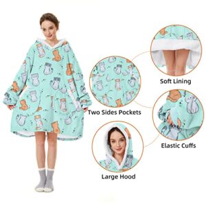 Durio Wearable Blanket Hoodie Cute Patterns Blanket Sweatshirt for Women Men Sherpa Fleece Hooded Blanket Hooded Sweatshirt Cat One Size