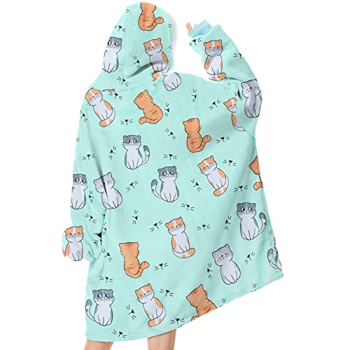 Durio Wearable Blanket Hoodie Cute Patterns Blanket Sweatshirt for Women Men Sherpa Fleece Hooded Blanket Hooded Sweatshirt Cat One Size