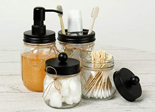 Mason Jar Bathroom Accessories Set - Lotion Soap Dispenser, 2 Apothecary Jars, Toothbrush Holder, Rustic Farmhouse Decor Apothecary Jars Bathroom Countertop Vanity Organizer (Black)