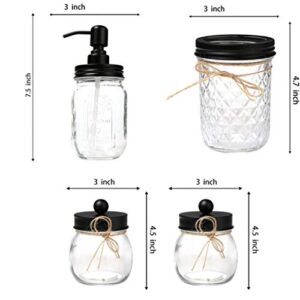 Mason Jar Bathroom Accessories Set - Lotion Soap Dispenser, 2 Apothecary Jars, Toothbrush Holder, Rustic Farmhouse Decor Apothecary Jars Bathroom Countertop Vanity Organizer (Black)