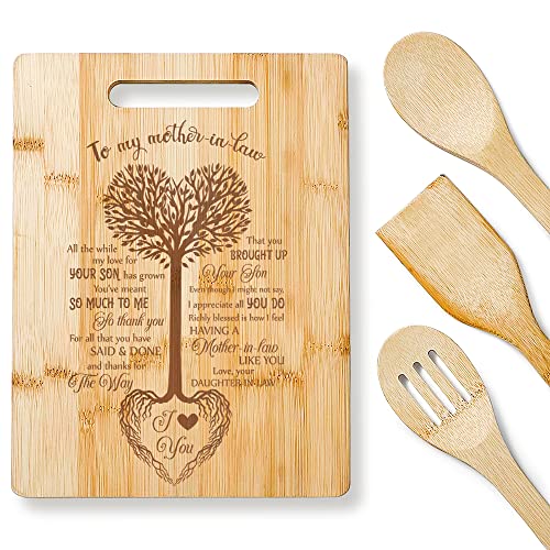 KITCHENVOY Mom Cutting Board - To My Mother in Law Tree Heart Laser Engraved Bamboo Board for Mom as Mom Gift for Mother's Day, Holiday - Birthday Presents for Mom - Gifts for Mom from Daughter, Son