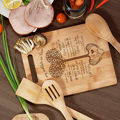 KITCHENVOY Mom Cutting Board - To My Mother in Law Tree Heart Laser Engraved Bamboo Board for Mom as Mom Gift for Mother's Day, Holiday - Birthday Presents for Mom - Gifts for Mom from Daughter, Son