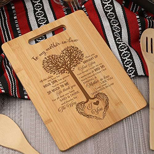 KITCHENVOY Mom Cutting Board - To My Mother in Law Tree Heart Laser Engraved Bamboo Board for Mom as Mom Gift for Mother's Day, Holiday - Birthday Presents for Mom - Gifts for Mom from Daughter, Son