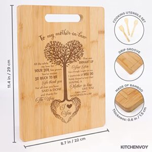 KITCHENVOY Mom Cutting Board - To My Mother in Law Tree Heart Laser Engraved Bamboo Board for Mom as Mom Gift for Mother's Day, Holiday - Birthday Presents for Mom - Gifts for Mom from Daughter, Son