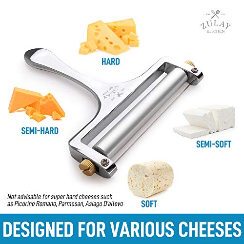 Zulay Cheese Slicer With Adjustable Thickness - Wire Cheese Slicer For Mozzarella Cheese, Cheddar Cheese, Gouda Cheese - Cheese Slicers For Block Cheese Heavy Duty With 2 Extra Wires (Silver)