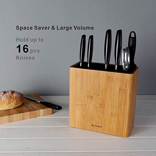 KITCHENDAO XL Bamboo Universal Knife Block Holder with Slots for Scissors and Sharpening Rod, Safe, Space Saver Knives Storage Stand Display without Knives, Unique Slot Design to Protect Blade