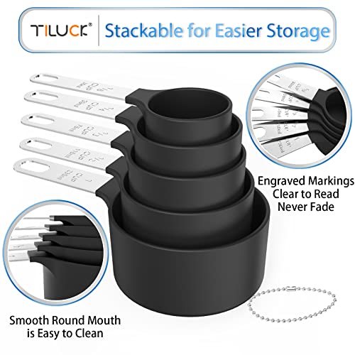 TILUCK Measuring Cups & Spoons Set, Stackable Cups and Spoons, Nesting Measure Cups with Stainless Steel Handle, Kitchen Gadgets for Cooking & Baking (5+5, black)