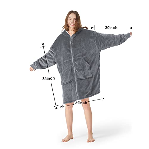 CYMULA Wearable Blanket Hoodie, Oversized Giant Hoodie Wearable Blanket Sweatshirt for Adult, Sherpa Fleece Blanket Hoodie with Pocket for Women Men, Warm Cozy Blanket with Zipper Sleeves Gray