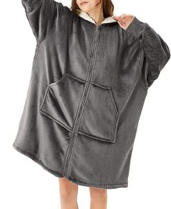 CYMULA Wearable Blanket Hoodie, Oversized Giant Hoodie Wearable Blanket Sweatshirt for Adult, Sherpa Fleece Blanket Hoodie with Pocket for Women Men, Warm Cozy Blanket with Zipper Sleeves Gray