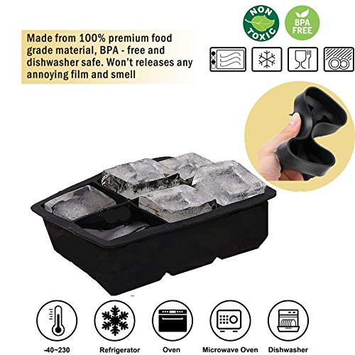 Ice Cube Trays Large Size Flexible 6 Cavity Ice Cube Square Molds for Whiskey and Cocktails, Keep Drinks Chilled (2 Pcs)