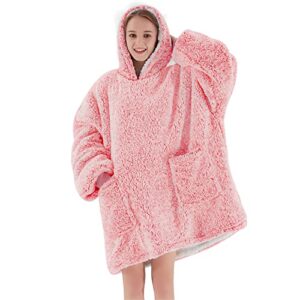 greenoak blanket hoodie oversized sherpa wearable blanket sweatshirt, ultra soft fuzzy fleece hooded blanket, plush cozy warm reversible sherpa hoodie blanket for women men adult teen (large, pink)