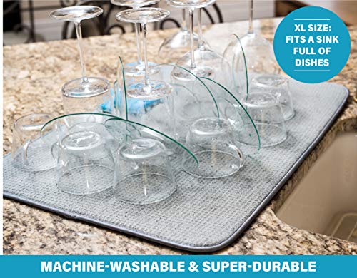 XXL Dish Mat 24" x 17" (LARGEST MAT) Microfiber Dish Drying Mat, Super absorbent by Bellemain (Gray)