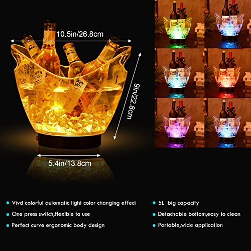 Warepro LED Ice Buckets 5L Clear PS+ABS Plastic ice Bucket RGB Colors Changing LED Cooler Bucket, Power by 2 AA Batteries, Multi Colors Changing for Party/Home/Bar/KTV Clubs