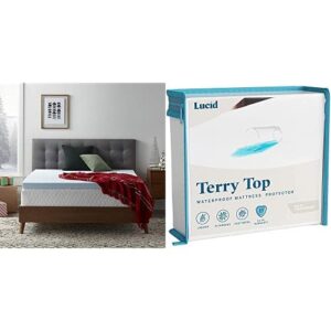 lucid 2-inch ventilated gel infused memory foam mattress topper - queen & premium hypoallergenic 100% waterproof mattress protector - universal fit, cotton terry top, queen