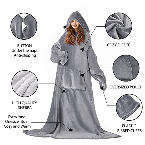 HOSUKKO Sherpa Wearable Blanket with Sleeves Pocket and Hat, Extra Long Warm Soft Fleece Cozy Functional Blankets, Gifts for Women Girlfriend Mom Wife and Daughter.(Grey)