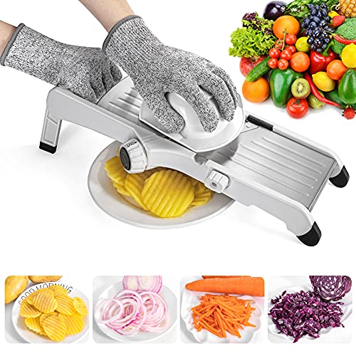 VEKAYA Professional Mandoline Slicer for Kitchen with Waffle Fry Cutter, Julienne & 0-9mm Slice | Vegetable Mandolin Slicer for Food Potato Onion with Bonus Cut Resistant Gloves and Food Safety Holder