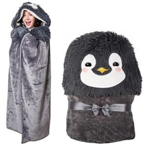 Penguin Wearable Hooded Blanket - Warm & Cozy Oversized Blanket Hoodie with Hand Gloves- Soft Plush Premium Sherpa and Flannel Fleece Hoodie Blanket - Penguin Gifts for Women Adults and Kids