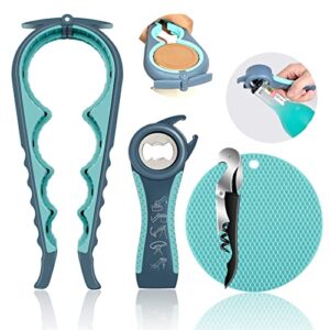 jar opener for weak hands, seniors with arthritis, 5 in 1 multi function bottle opener lid opener for arthritic hands with non slip rubber jar opener gripper pad and corkscrew wine opener(blue)