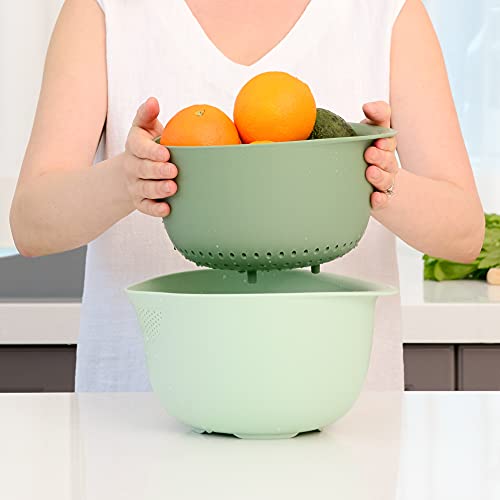 BLUE GINKGO Rice Strainer and Kitchen Colander Set - Strain Rice, Quinoa and Small Grains - Soak, Wash and Drain Vegetables and Fruit - (4 Quart Bowl) Olive and Sage