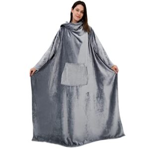 maxicozy wearable blanket with sleeves and pocket, 50"x 70", warm and comfy flannel blanket sweatshirt for adult women men (gray)
