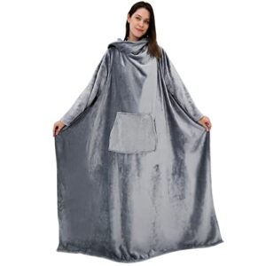 MAXICOZY Wearable Blanket with Sleeves and Pocket, 50"x 70", Warm and Comfy Flannel Blanket Sweatshirt for Adult Women Men (Gray)